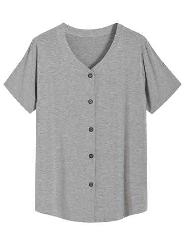 Latuza Women's Bamboo Viscose Pajama Top Button Up Sleep Shirt, Light Gray, Medium