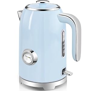 SUSTEAS Electric Kettle – 57oz Hot Tea Kettle Water Boiler with Thermometer, 1500W Fast Heating Stainless Steel Tea Pot, Cordless with LED Indicator, Auto Shut-Off & Boil Dry Protection, Blue