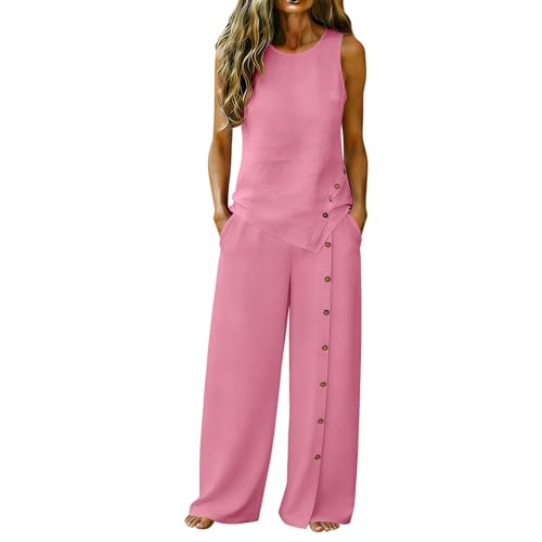 Linen Sets for Women 2 Piece,2026 Summer Casual Button Sleeveless Tank Tops with Wide Leg Pants Matching Set Loose Fit Dressy Casual Lounge Sets Beach Vacation Outfit For Seniors(Pink,Large)