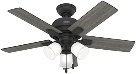 Hunter 44 inch Indoor Ceiling Fan with LED Lights - Black Ceiling Fan with Pull Chain, For Bedroom or Living Room, Standard Mount, No Remote, 5 Blades, Includes Bulbs - Crystal Peak 52351, Matte Black