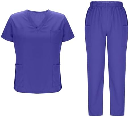 Womens Scrub Sets 2026 Multi Pockets Scrubs V-Neck Top and Straight Leg Pants Scrubs Set Workwear - 1