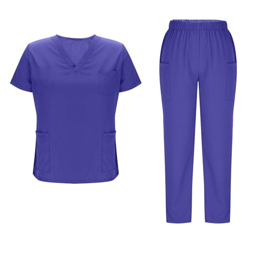 Womens Scrub Sets 2026 Multi Pockets Scrubs V-Neck Top and Straight Leg Pants Scrubs Set Workwear