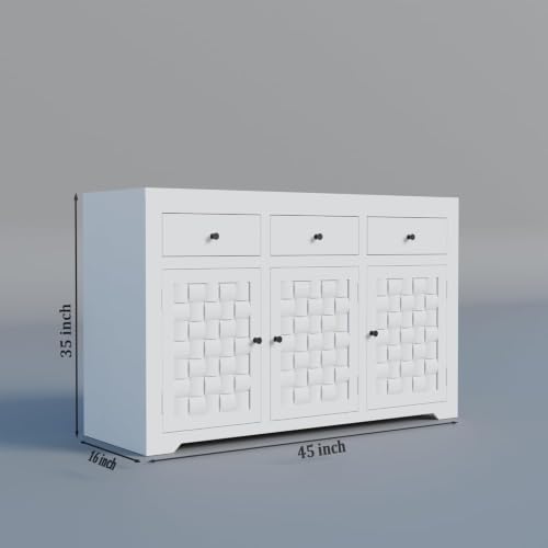 Image of Solid Sheesham Wood Deco White Finish Woven Pattern Chest of Drawer