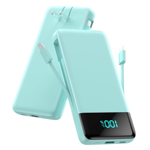 Portable Charger for iPhone,13800mAh Slim Power Bank with Built-in Cables & AC Wall Plug,All in One 4 Outputs USB C Fast Charging Battery Pack Travel Essential for iPhone 17/16/15/14,Android (Green)
