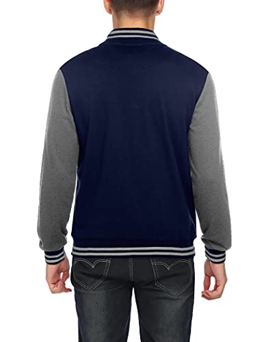 Image of COOFANDY Mens Slim Fit Varsity Baseball Jacket Bomber Cotton Premium Jackets, Navy /Grey, XX-Large