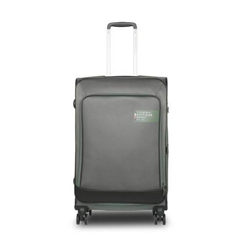 Image of Tommy Hilfiger Westfield Unisex Mid Soft Luggage - Olive+Black | 14-inch Laptop Compatible | Twill Polyester Shell | Flushed TSA Lock | 360 Self-Lubricating Double Wheels | 64L Capacity | 70cm