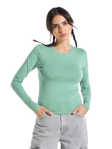 Image of Bewakoof Women's Solid Slim Fit Full Sleeve Round Neck Cotton Lycra Blend Top