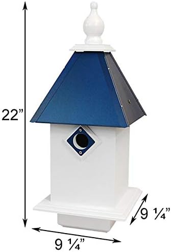 Wing & A Prayer Classic Bluebird House – Durable PVC Birdhouse with 1.5" Entry Hole & Cobalt Blue Roof – Predator Guarded Nesting Box for Bluebirds – Post Mount, White Body with Decorative Finial