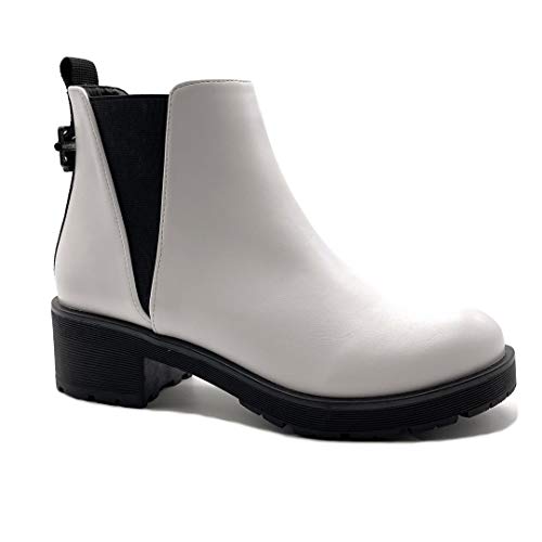 Angkorly - Zapatillas Moda Botines Botas Biker Motociclistas Biker Motociclistas Chelsea Boots Mujer Barnizado Correa Tacón Ancho 4.5 CM - Blanco L470 T 37