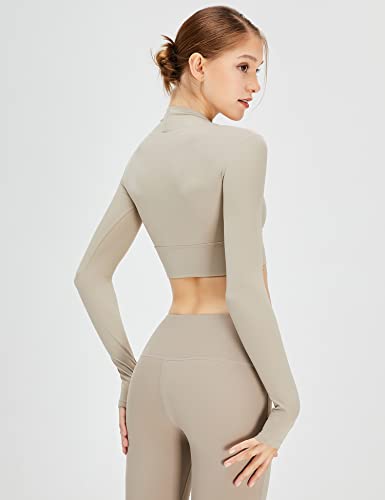 Micoson Lightweight Yoga Crop Tops Slim Fit Long Sleeve Workout Shirts For Women Khaki Beige Small #TOP3