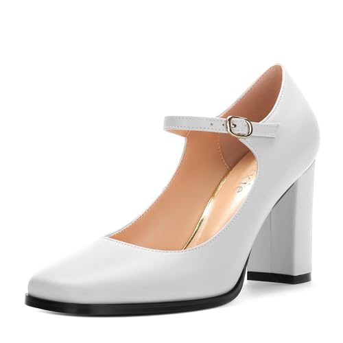 Mary Jane Shoes Womens Heels, Chunky High Heels Mary Janes Dress Shoes for Women Closed Square Toe Pumps Shoes with Buckle Strap for Office Party Casual Wedding