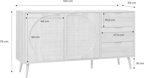 Image of Goldview Modern Wooden Sideboard Cabinet - Natural Oak Finish, Rattan Door Panels, 3 Storage Drawers, Contemporary Living Room Furniture