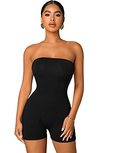 Verdusa Women's Strapless Open Back Short Jumpsuit Unitard Bodycon Tube Romper Black Xs #TOP20
