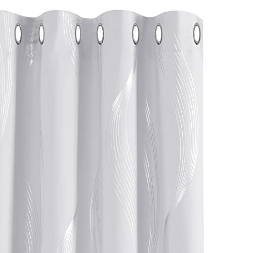 Deconovo Blackout Curtains for Living Room 90 Inch Drop Wave Line Foil Printed Energy Saving Thermal Insulated Eyelet Curtains for Doors with 52 x 90 Inch Silver Grey Two Panels