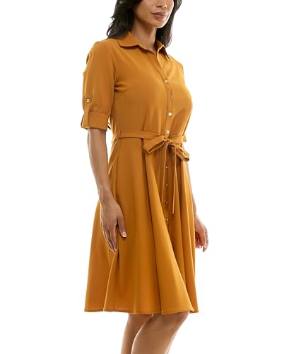 Image of Sharagano Women's Pleated Shirt Dress - 3 /4 Sleeve, V-Neck, Gold Buttons