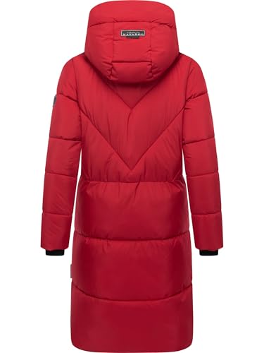 Navahoo Damen Langer Wintermantel warmer Steppmantel mit großer Kapuze und Fleece-gefütterten Kragen Kältekuschel XIV Dark Red Gr. S