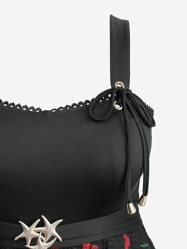 DRESSFO Women Cherry Printed Starfish Buckle Lace Trim High Low Tank Dress3