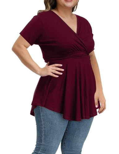 Plus Size Tops for Women 2025 Summer Short Sleeve V Neck Casual Shirts Dressy Pleated Wrap Tunic Top Blouses4