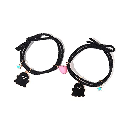 Image of 2Pcs Love Heart Couple Matching Bracelet Set Adjustable Braide Rope Halloween Mummy Ghost Pumpkin Hat Wizard Bracelet for Women Men Lover Friend Friendship Jewelry