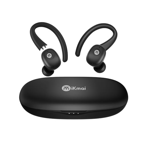 iKmai Active Noise Cancelling Wireless Earbuds, Bluetooth Headphone Stereo Bass, Detachable Earhook, IPX5 Waterproof, 4 Microphone, 60ms Low Latency, Compact&Slim for Sports/Workout/Office/Travel