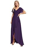 Ever-Pretty Women's Double V Neck A Line Ruffle Hem Backless High Low Chiffon Wedding Guest Dresses Deep Purple US20