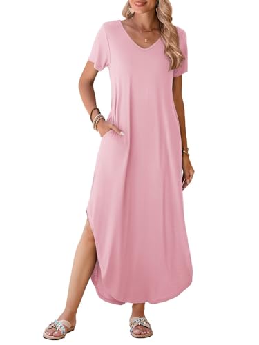 Image of BELAROI Plus Size Maxi Dress for Women Summer Casual V Neck Short Sleeve Long Dress with Pockets Beach Vacation Cover Up