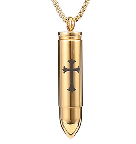 Mens Stainless Steel Cylinder Pendant Memorial Chain Necklace Cross Bullet Keepsake Exquisite Cremation Necklace(W8-Gold)
