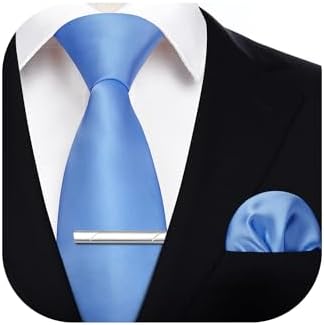 HISDERN Solid Color Tie and Pocket Square with Tie Clips Men's Wedding Party Necktie Handkerchief Set