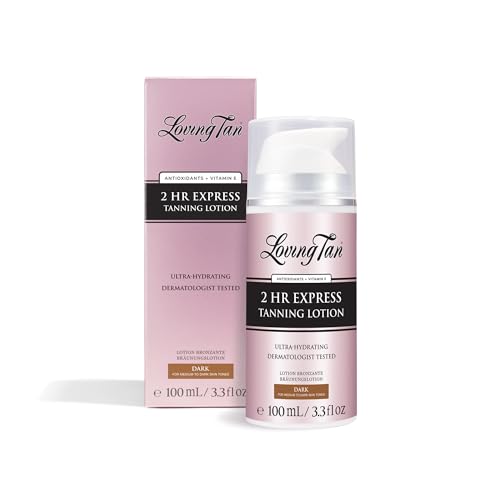 Loving Tan NEW 2 Hr Express Self Tanning Body Lotion, Dark - Hydrating Natural-Looking Glow Sunless Self Tanner, Streak-Free, Dermatologist Tested, Lightweight, Vegan and Cruelty-Free - 3.3 fl oz