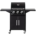 Outsunny 3 Burner Gas Grill, Outdoor Portable Propane Grill with Wheels, Carbon Steel Barbecue Trolley with Warming Rack, Side Shelves, Storage Cabinet, Thermometer, Black