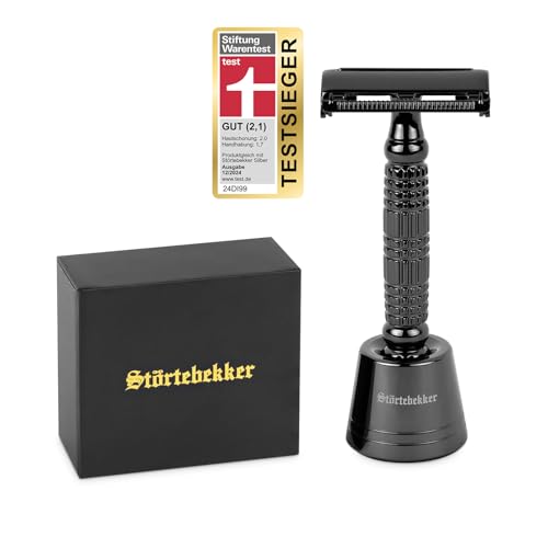 Störtebekker® Premium Rasierhobel 'Hamburg' im Set mit Rasierständer 'Hamburg' - Schwarz - hochwertiges Zubehör für dein Badezimmer - rutschfester Boden - massiver Stand - 125g - Geschenkidee