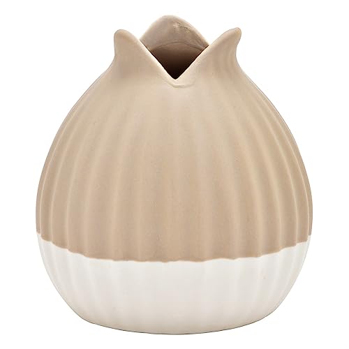 matches21 Jarrón moderno en color beige y blanco de cerámica – Jarrón redondo de cerámica en forma de tulipán para decoración de mesa, jarrón de flores con surcos para decoración de salón, 10 x 10 cm