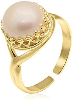 Pearl Adjustable Ring for Women in 14k Yellow Gold Plate on 925 Sterling Silver – 10mm Round Gem - Bridesmaid Wedding Jewelry - Handmade Vintage Jewelry - Boho Ring - Flexible Fit to Every Finger