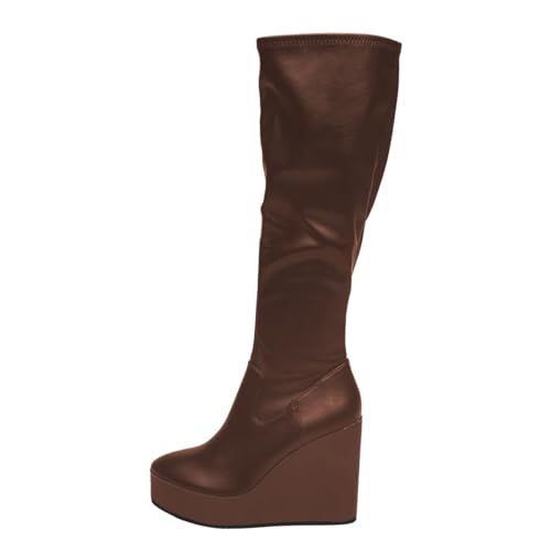 Women Round Toe Platform Knee High Boots Side Zipper Wedge High Heel Stretchy Winter Party Event Long Boots Size 4-16 US2