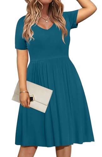 Image of DB MOON Women Plus Size Dresses 2026 Summer Casual V Neck Short Sleeve Knee Length Dress with Pockets