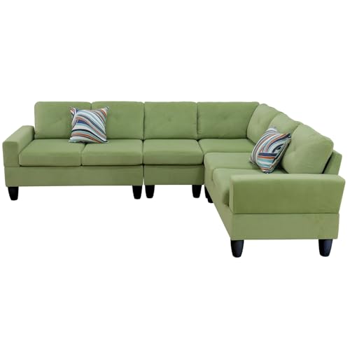 Juego de sofá de franela verde en forma de L, 4 piezas modulares con madera maciza y espuma, diseño ergonómico con cojines coloridos para diseños personalizados y comodidad