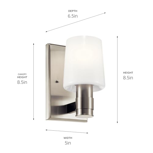 Image of Kichler Adani 1-Light Wall Sconce, Modern Light with Opal Glass in Brushed Nickel, for Bathroom, Powder Room, Kitchen, Bedroom, or Hallway (8.5 inch x 5 inch), 55174NI