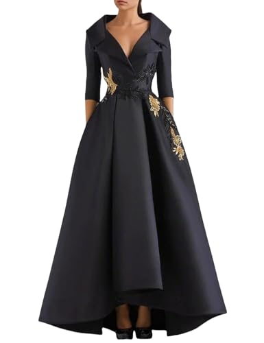 A-Line Vintage Elegant Evening Gown Embroidered Floor Length Long Sleeve V Neck Satin Formal Dress with Appliques - Main Image