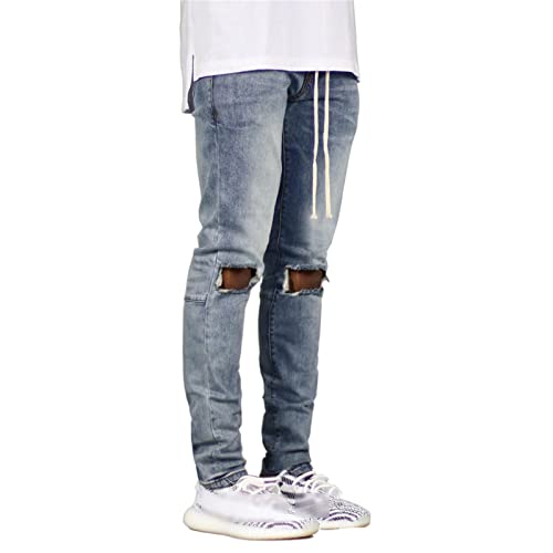 JEsilunmaMY Men's Distressed Pencil Jeans Mid Waist Knee Hole Ripped Skinny Denim Pants Fashion Hip Hop Washed Jean Trousers2