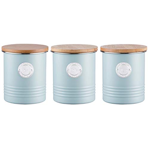 Typhoon Living Airtight Tea, Coffee and Sugar Storage Canister with Bamboo Lid, Set of 3, 1 Litre, Blue