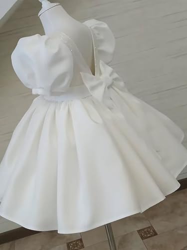 Sparkle Satin Flower Girl Dress Bow-Knot Round Neck Puff Sleeve Wedding Ball Gowns V-Back Birthday Pageant Long Dress4