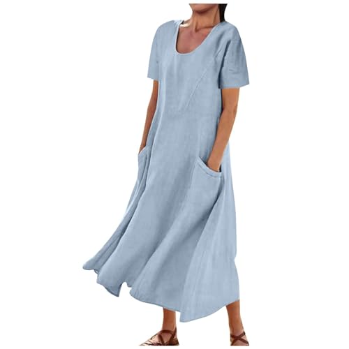 Mousegirl Vestidos de lino para mujer 2024 de algodón, vestidos largos de verano, casuales, sueltos, sin mangas, talla grande, vestido de playa liso, azul, M