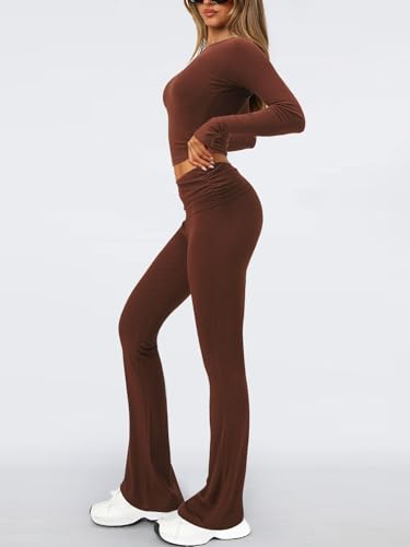 FAIRY SEASON Womens 2 Piece Lounge Sets Slim Fit V Neck Long Sleeve Top Fold Over Yoga Flare Pants Pajamas Loungewear Outfits4