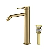 KIBI KBF1009 Solid Brass Single Handle Circular Faucet for Bathroom Sink with Pop Up Drain | High Arc Faucet spout (Brushed Gold)