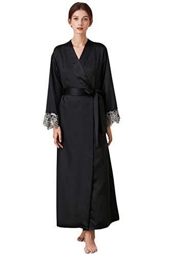YAOMEI Camisón para Mujer con Vestido Kimono Satén, 2 Pcs Mujer Largo Manga Cordón Camisones Raso Satin Pijamas, lencería Robes Satén Neglige Lencería Ropa de Dormir (L, Negro3)