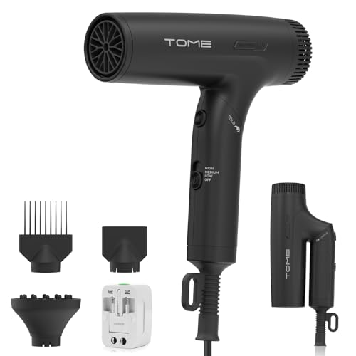TOME Dual Voltage Travel Hair Dryer, Foldable Blow Dryer, DC Motor, 1200W Fast Drying, Cool Shot, 3 Heat 3 Speed, Nozzle, Diffuser, 120–240V Universal Adapter Black