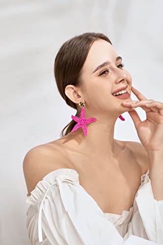 Statement Raffia Holiday Earrings For Women - Boho Drop Handmade Straw Earrings - Beach Starfish Earrings For Girls (Rose Red) #TOP4