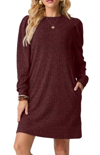 PrinStory Pulloverkleid Damen Winter Rundhals Langarm Minikleid Freizeitkleider Mit Taschen Warm Strickkleid (Weinrot, L)
