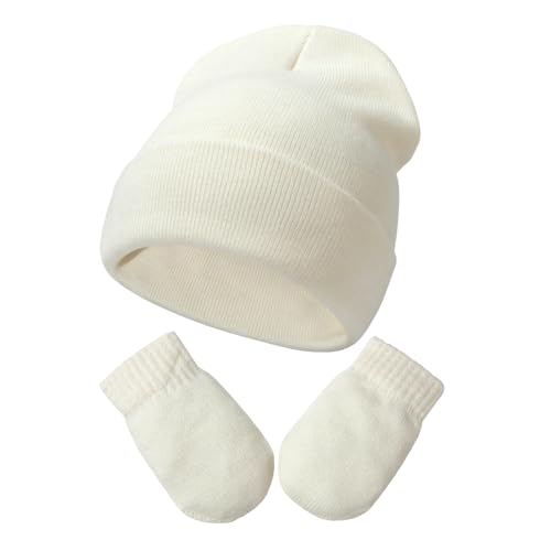 DRESHOW Baby Beanie Hat Mitten Set Infant Toddler Kids Winter Warm Knit Hat with Gloves for 3 Months - 24 Months Girls Boys Children