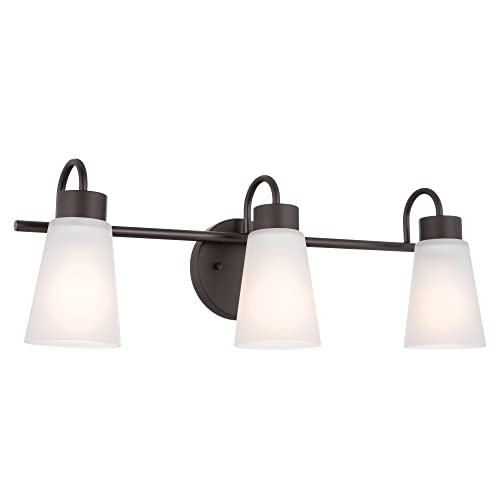 Image of Kichler Erma 3-Light Bathroom Vanity Light Fixture with Satin Etched Glass Shades, Traditional Wall Mount Lighting over Mirror in Olde Bronze, 23 x 8.5 in, 45887NI